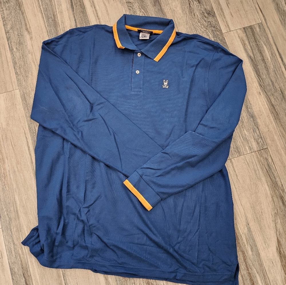Psycho Bunny Blue Long Sleeve Polo with Yellow Accents (Big And Tall)